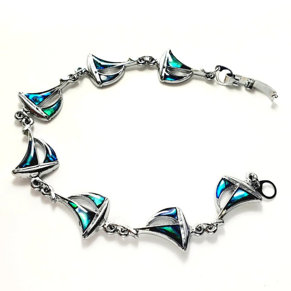 Paua Shell Silver Toned Sailboat Charm Bracelet